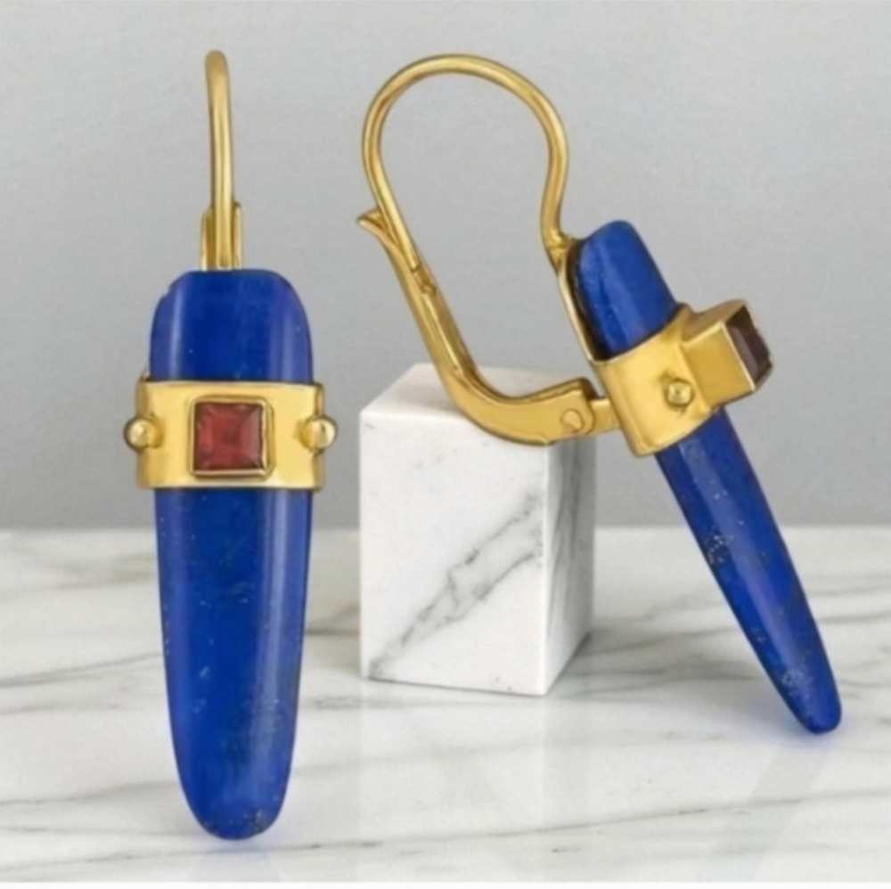 18k Gold Plated Luxury Lapis Lazuli Ruby Crystal Bar Earrings